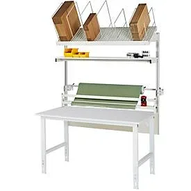 Packtisch komplett, manuell höhenverstellbar, Set 2 mit Etagenbord, Schneidgerät, Abrolleinheit, BxT 1500 x 1000 mm, Melaminplatte RAU
