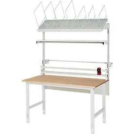 Packtisch komplett, manuell höhenverstellbar, Set 2 mit Etagenbord, Schneidgerät, Abrolleinheit, BxT 1500 x 1000 mm, Buchenplatte RAU