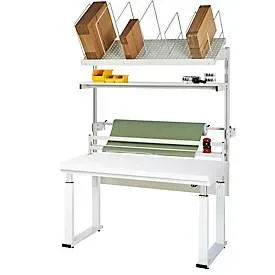 Packtisch komplett 600, elektrisch höhenverstellbar, Set 2 mit Etagenbord, Schneidgerät, Abrolleinheit, BxT 2000 x 700 mm, Hartlaminatplatte RAU