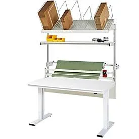 Packtisch komplett 300, elektrisch höhenverstellbar, Set 2 mit Etagenbord, Schneidgerät, Abrolleinheit, BxT 2000 x 800 mm, Melaminplatte RAU