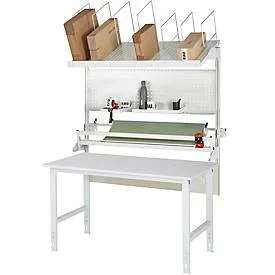Packtisch komplett, manuell höhenverstellbar, Set 3 mit Lochplatte, Schneidgerät, Abrolleinheit, BxT 1500 x 1000 mm, Melaminplatte RAU