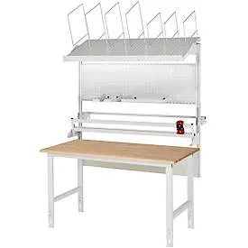 Packtisch komplett, manuell höhenverstellbar, Set 3 mit Lochplatte, Schneidgerät, Abrolleinheit, BxT 2000 x 1000 mm, Buchenplatte RAU