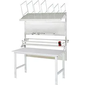 Packtisch komplett, manuell höhenverstellbar, Set 3 mit Lochplatte, Schneidgerät, Abrolleinheit, BxT 2000 x 800 mm, Melaminplatte RAU