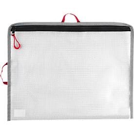 Reissverschlussbeutel FolderSys Bungee-Bag, A4, 0,20 mm, Kordel/Bordierband/Schlaufen, B 355 x H 275 mm, PVC-freie Folie, transparent-rot-grau-schwarz