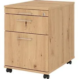 Rollcontainer 126 Breno, 1 Schub, 1 Utensilienauszug & 1 Hängeregistraturschub, abschliessbar, B 428 x T 580 x H 590 mm, Asteiche