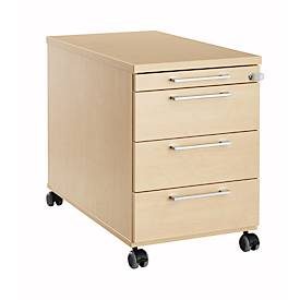 Rollcontainer 1333, 3 Schübe & 1 Utensilienauszug, abschliessbar, eckige Griffe, Holz/Stahl/Kunststoff, B 434 x T 600 x H 613 mm, Ahorn-Dekor