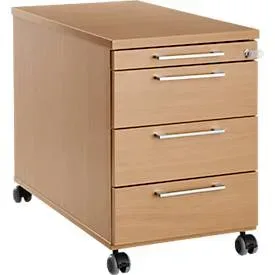 Rollcontainer 1333, 3 Schübe & 1 Utensilienauszug, abschliessbar, eckige Griffe, Holz/Stahl/Kunststoff, B 434 x T 800 x H 613 mm, Buche-Dekor