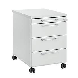 Rollcontainer 1333, 3 Schübe & 1 Utensilienauszug, abschliessbar, eckige Griffe, Holz/Stahl/Kunststoff, B 434 x T 800 x H 613 mm, lichtgrau