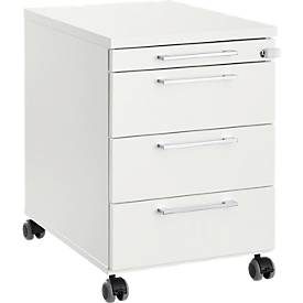 Rollcontainer 1333, 3 Schübe & 1 Utensilienauszug, abschliessbar, eckige Griffe, Holz/Stahl/Kunststoff, B 434 x T 800 x H 613 mm, weiss