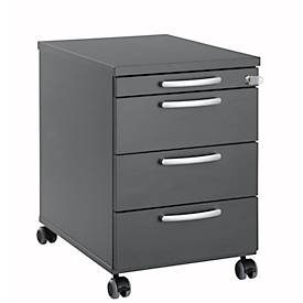 Rollcontainer 1333, 3 Schübe & 1 Utensilienauszug, abschliessbar, runde Griffe, Holz/Stahl/Kunststoff, B 434 x T 600 x H 613 mm, graphit