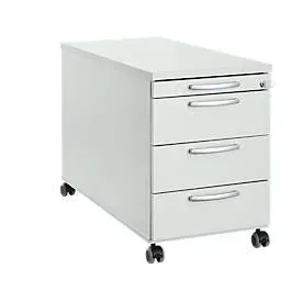 Rollcontainer 1333, 3 Schübe & 1 Utensilienauszug, abschliessbar, runde Griffe, Holz/Stahl/Kunststoff, B 434 x T 800 x H 613 mm, lichtgrau