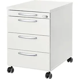 Rollcontainer 1333, 3 Schübe & 1 Utensilienauszug, abschliessbar, runde Griffe, Holz/Stahl/Kunststoff, B 434 x T 800 x H 613 mm, weiss
