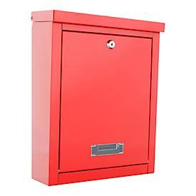 Rottner Wandbriefkasten Brighton, Zylinderschloss, Sichtfenster & Namensschild, B 310 x T 135 x H 400 mm, Stahl, rot