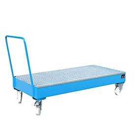 Stahl-Auffangwanne mit Rollen + Griff, 1800 x 800 mm, blau RAL 5012