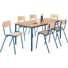 Stahlrohr-Tisch mit 6 Stapelstühlen, Gestell Tisch blau/Stuhl blau