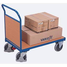 Stirnwandwagen, Stahl/MDF-Platte, Enzianblau/Buche-Dekor, L 880 x B 500 mm, Stirnwand aus MDF-Platte, TPE-Rollen mit EasySTOP, bis 400 kg