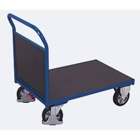 Stirnwandwagen, Stahl/Siebdruckplatte, Enzianblau/Dunkelbraun, L 1225 x B 800 mm, Vollgummi-Rollen mit EasySTOP, bis 1000 kg