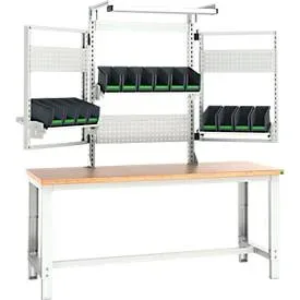 Systemwerkbank Bott cubio, mit Aufnahme- und Schwenkrahmen, Leuchte, Buche-Multiplexplatte, bis 800 kg, B 2000 x T 750 mm, Lichtgrau