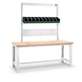 Systemwerkbank Bott cubio, mit Aufnahmerahmen, Schubladen, Buche-Multiplexplatte, bis 800 kg, B 2000 x T 750 mm, Lichtgrau