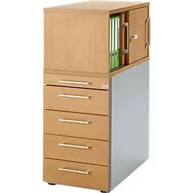 Schäfer Shop Genius Beistellcontainer mit Aufsatzschrank inkl. Schiebetür, Container & Schiebetür abschliessbar, mit Griff eckig, buche