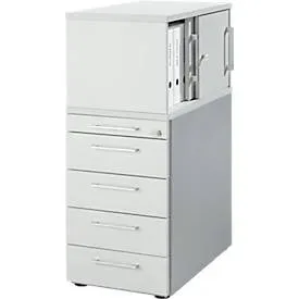 Schäfer Shop Genius Beistellcontainer mit Aufsatzschrank inkl. Schiebetür, Container & Schiebetür abschliessbar, mit Griff eckig, lichtgrau