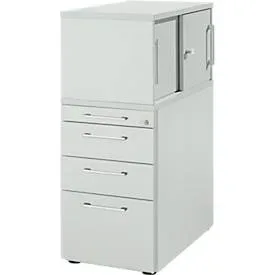Schäfer Shop Genius Beistellcontainer mit Aufsatzschrank inkl. Schiebetür, Container & Schiebetür abschliessbar, mit Griff eckig, lichtgrau
