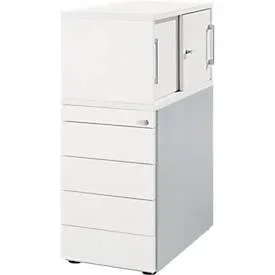 Schäfer Shop Genius Beistellcontainer mit Aufsatzschrank inkl. Schiebetür, Container & Schiebetür abschliessbar, mit Griffnut, weiss