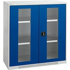 Schäfer Shop Genius Flügeltürenschrank FS, Stahl, Sichtfenster, Lüftungslöcher, B 1055 x T 520 x H 1105 mm, 3 OH, Lichtgrau/Enzianblau, bis 300 kg