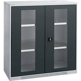 Schäfer Shop Genius Flügeltürenschrank FS, Stahl, Sichtfenster, Lüftungslöcher, B 1055 x T 520 x H 1105 mm, 3 OH, Weissalu/Anthrazitgrau, bis 300 kg