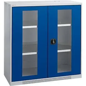 Schäfer Shop Genius Flügeltürenschrank FS, Stahl, Sichtfenster, Lüftungslöcher, B 1055 x T 520 x H 1105 mm, 3 OH, Weissalu/Enzianblau, bis 300 kg
