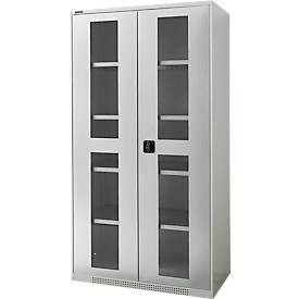 Schäfer Shop Genius Flügeltürenschrank FS, Stahl, Sichtfenster, Lüftungslöcher, B 1055 x T 520 x H 1950 mm, 5 OH, Lichtgrau/Lichtgrau, bis 500 kg