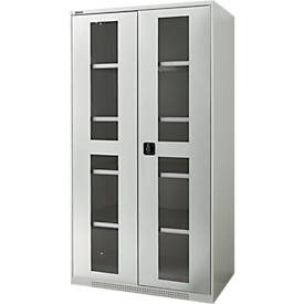 Schäfer Shop Genius Flügeltürenschrank FS, Stahl, Sichtfenster, Lüftungslöcher, B 1055 x T 620 x H 1950 mm, 5 OH, Lichtgrau/Lichtgrau, bis 500 kg