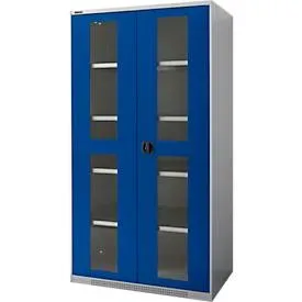 Schäfer Shop Genius Flügeltürenschrank FS, Stahl, Sichtfenster, Lüftungslöcher, B 1055 x T 620 x H 1950 mm, 5 OH, Weissalu/Enzianblau, bis 500 kg