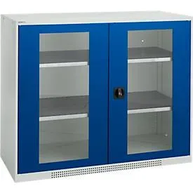 Schäfer Shop Genius Flügeltürenschrank FS, Stahl, Sichtfenster, Lüftungslöcher, B 1343 x T 520 x H 1105 mm, 3 OH, Lichtgrau/Enzianblau, bis 450 kg