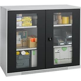 Schäfer Shop Genius Flügeltürenschrank FS, Stahl, Sichtfenster, Lüftungslöcher, B 1343 x T 520 x H 1105 mm, 3 OH, Weissalu/Anthrazitgrau, bis 450 kg