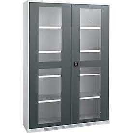 Schäfer Shop Genius Flügeltürenschrank FS, Stahl, Sichtfenster, Lüftungslöcher, B 1343 x T 520 x H 1950 mm, 5 OH, Weissalu/Anthrazitgrau, bis 750 kg