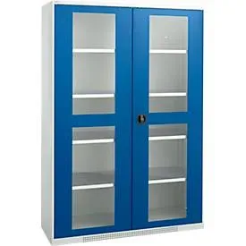Schäfer Shop Genius Flügeltürenschrank FS, Stahl, Sichtfenster, Lüftungslöcher, B 1343 x T 620 x H 1950 mm, 5 OH, Lichtgrau/Enzianblau, bis 750 kg