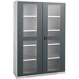 Schäfer Shop Genius Flügeltürenschrank FS, Stahl, Sichtfenster, Lüftungslöcher, B 1343 x T 620 x H 1950 mm, 5 OH, Weissalu/Anthrazitgrau, bis 750 kg