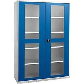 Schäfer Shop Genius Flügeltürenschrank FS, Stahl, Sichtfenster, Lüftungslöcher, B 1343 x T 620 x H 1950 mm, 5 OH, Weissalu/Enzianblau, bis 750 kg