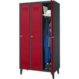 Schäfer Shop Genius Kleiderspind mit Füssen, 3 Abteile, 300 mm Abteilbreite, Zylinderschloss, anthrazit/rubinrot