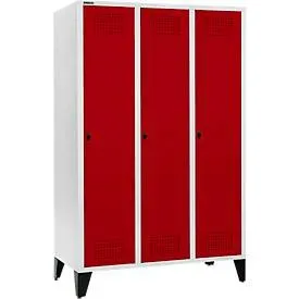 Schäfer Shop Genius Kleiderspind mit Füssen, 3 Abteile, 400 mm Abteilbreite, Sicherheitsdrehriegelverschluss, lichtgrau/rubinrot