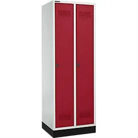Schäfer Shop Genius Kleiderspind mit Sockel, 2 Abteile, 300 mm Abteilbreite, Sicherheitsdrehriegelverschluss, lichtgrau/rubinrot
