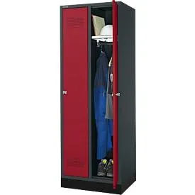 Schäfer Shop Genius Kleiderspind mit Sockel, 2 Abteile, 300 mm Abteilbreite, Zylinderschloss, anthrazit/rubinrot