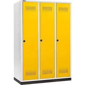 Schäfer Shop Genius Kleiderspind mit Sockel, 3 Abteile, 400 mm Abteilbreite, Sicherheitsdrehriegelverschluss, lichtgrau/rapsgelb
