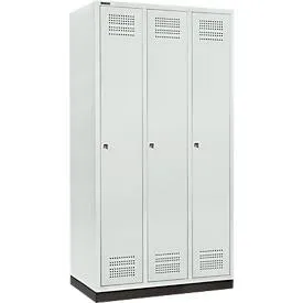 Schäfer Shop Genius Kleiderspind mit Sockel, 3 Abteile, 300 mm Abteilbreite, Zylinderschloss, lichtgrau