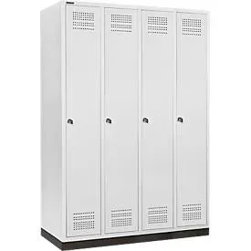Schäfer Shop Genius Kleiderspind mit Sockel, 4 Abteile, 300 mm Abteilbreite, Zylinderschloss, lichtgrau
