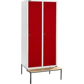 Schäfer Shop Genius Kleiderspind mit Sitzbank, 2 Abteile, 300 mm Abteilbreite, Zylinderschloss, lichtgrau/rot