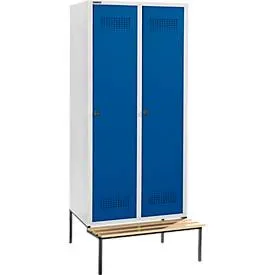Schäfer Shop Genius Kleiderspind mit Sitzbank, 2 Abteile, 400 mm Abteilbreite, Sicherheitsdrehriegelverschluss, lichtgrau/enzianblau