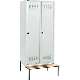 Schäfer Shop Genius Kleiderspind mit Sitzbank, 2 Abteile, 400 mm Abteilbreite, Sicherheitsdrehriegelverschluss, lichtgrau/lichtgrau