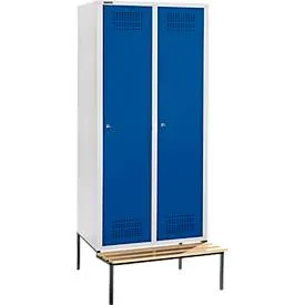 Schäfer Shop Genius Kleiderspind mit Sitzbank, 2 Abteile, 400 mm Abteilbreite, Zylinderschloss, lichtgrau/enzianblau